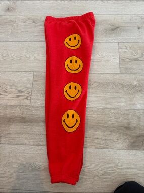 Aviator Nation Red Joggers with Orange Smile Faces